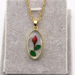 Gold Pendant Necklace with Red Rose